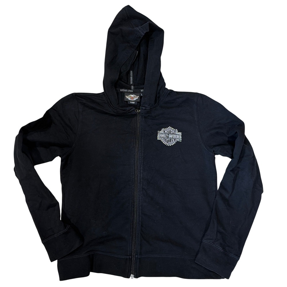 Harley-Davidson Rhinestone Zip Up Hoodie Black Winged Logo 99054-07VW Womens L